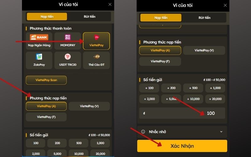 Chọn phương thức ViettelPay trong mục nạp tiền