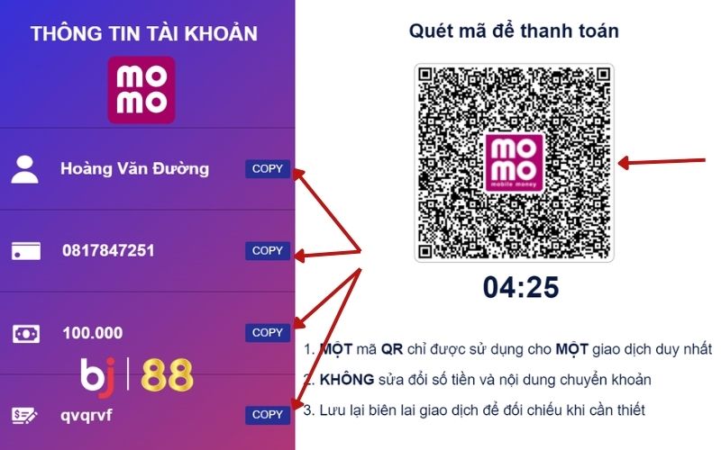 Thực hiện quét mã QR trong ứng dụng MOMO của bạn